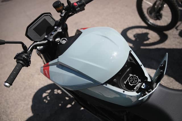 The future is electric: A charging port is shown on a Zero electric motorcycle being offered for sale. Zero motorcycles are the largest selling electric motorcycle brand on the market. (Photo by Scott Olson/Getty Images)