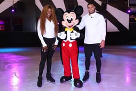 Mickey Mouse shares Disney On Ice skate skills with celebrity athletes Montell Douglas and Zack George
