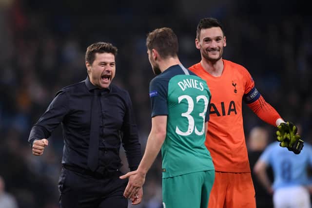 Mauricio Pochettino celebrates with Ben Davies of Tottenham Hotspur and Hugo Lloris of Tottenham Hotspur after the UEFA Champions League Quarter Final second leg match between Manchester City and Tottenham Hotspur at Etihad Stadium. (Photo by Laurence Griffiths/Getty Images)
