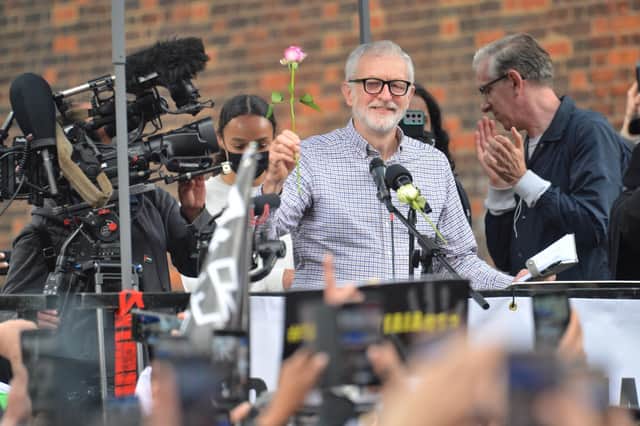 Former Labour leader Jeremy Corbyn told the crowds that international action provides “succour, comfort and support” to those suffering in the conflict (PA)