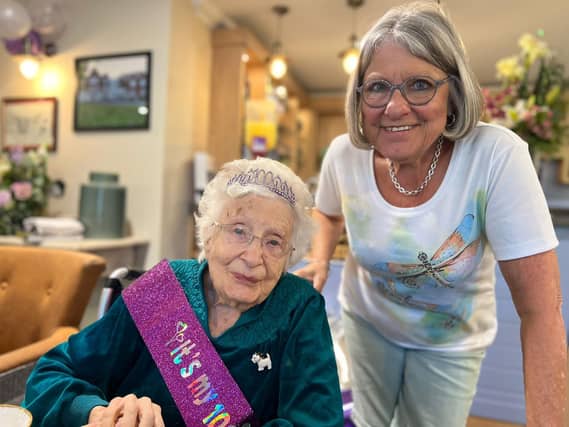 Stella Cotton with her daughter Janice Doland on her 100th birthday at Carpathia Grange