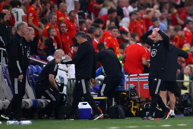 Wales coach Rob Page reacts during the 2022 FIFA World Cup Qualifier match between Wales and Estonia at Cardiff City Stadium on September 08, 2021 in Cardiff, Wales. (Photo by Catherine Ivill/Getty Images)