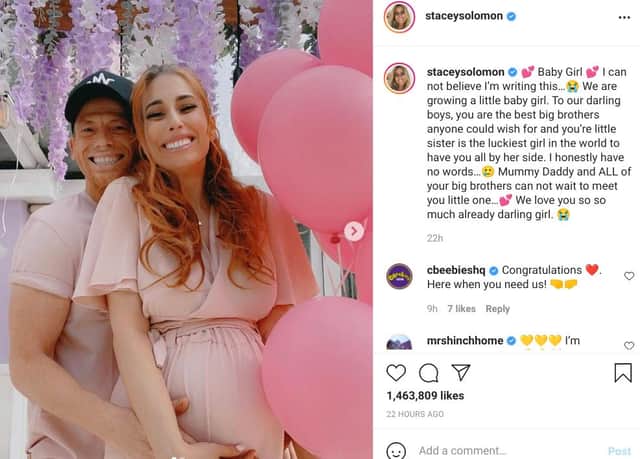 Stacey and Joe shared pics of themselves surrounded by pink balloons, as Solomon wrote about the disbelief she had of being pregnant with a 'darling girl' (Picture: Instagram/Stacey Solomon)