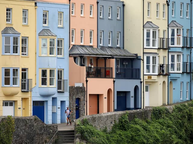 Colourful houses pictured in Seaside town Tenby, Pembrokeshire.