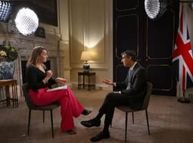Prime Minister Rishi Sunak (right) appearing on the BBC's 'Sunday Morning' political television show with journalist Laura Kuenssberg (left), from 10 Downing Street in London. Picture: Jeff Overs/BBC/AFP via Getty Images