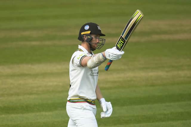 James Bracey, of Gloucestershire, celebrates after reaching their half century during Day Four of the LV= Insurance County Championship match against Somerset.