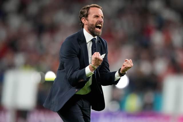 LONDON, ENGLAND - JULY 07: Gareth Southgate celebrates their side's victory after the UEFA Euro 2020 Championship Semi-final match between England and Denmark at Wembley Stadium on July 07, 2021 in London, England. (Photo by Frank Augstein - Pool/Getty Images)