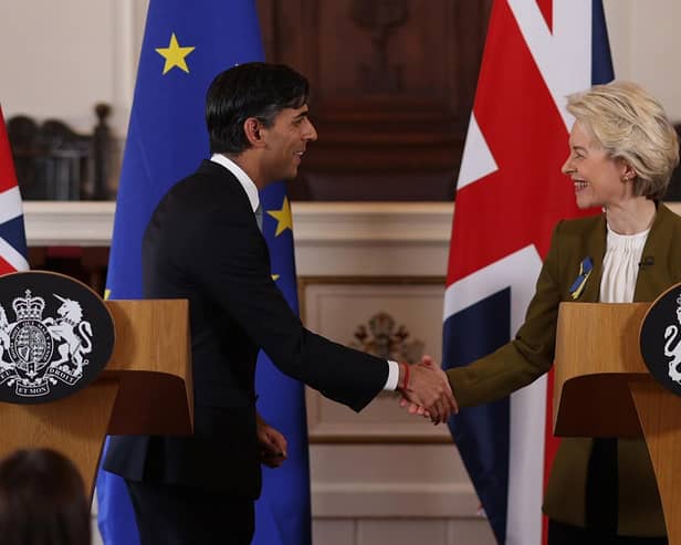 Rishi Sunak and Ursula von der Leyen unveiling the Windsor Framework last year. The deal dealt with more than trade - ensuring "no diminution" of rights applicable in Northern Ireland before Brexit.