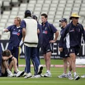 Glenn McGrath buries his head after hurting himself in training before day one of the second npower Ashes Test match between England and Australia at Edgbaston on August 4, 2005.