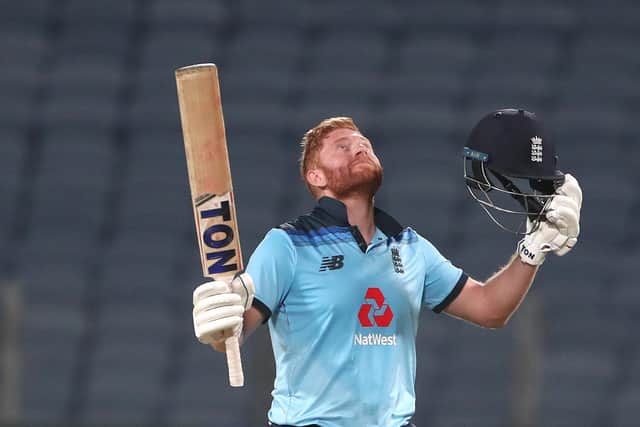 England batsman Jonathan Bairstow celebrates his century during the 2nd One Day International between India and England at MCA Stadium on March 26, 2021 in Pune, India. (Photo by Surjeet Yadav/Getty Images)