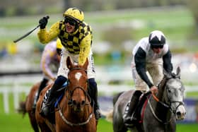 Jockey Paul Townend (left) celebrates on State Man after winning the Unibet Champion Hurdle Challenge Trophy on day one of the 2024 Cheltenham Festival at Cheltenham Racecourse. Picture: Mike Egerton/PA Wire