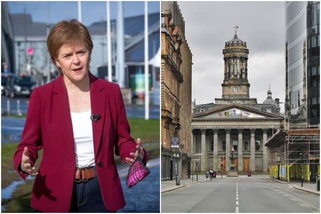 First Minister Nicola Sturgeon and an empty Ingram Street In Glasgow City Centre during lockdown (Photos by JANE BARLOW/POOL/AFP via Getty Images and Shutterstock)