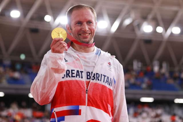 Gold medalist Jason Kenny of Team GB, poses on the podium during the medal ceremony after the Men's Keirin final of the track cycling on day sixteen of the Tokyo 2020 Olympic Games (Photo: Tim de Waele/Getty Images)