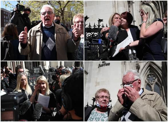 Former post office workers speak to the media outside the Royal Courts of Justice, London (PA)