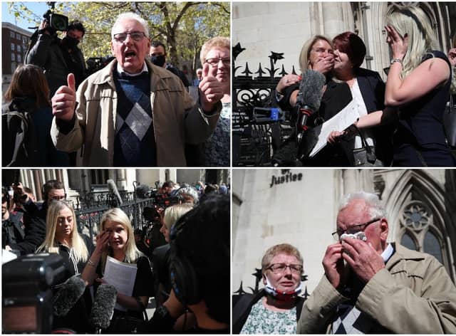 Former post office workers speak to the media outside the Royal Courts of Justice, London (PA)