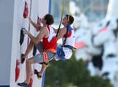Aleksey Rubtsov of Russia (L) and Ludovico Fossali of Italy during the Sport Climbing Men's Combined, Speed Qualification (Photo by Maja Hitij/Getty Images)