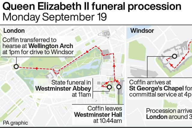 The route for the funeral processions to take place in London and Windsor. Graphic: PA