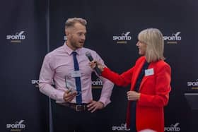 Pete Wilson being interviewed by TV presenter and Sported trustee Jill Douglas