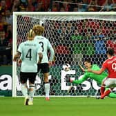 Hal Robson-Kanu of Wales scores his team's second goal against Belgium at Euro 2016.
