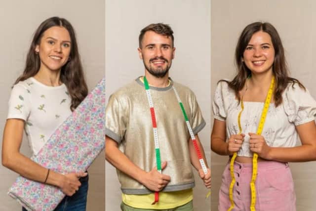 Rebecca, Raph and Serena will battle it out to be crowned the winner of this year's Great British Sewing Bee (Picture: BBC)