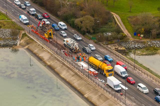 Drone photograph of traffic on Eastern Road while repairs took place during a similar incident last month. (Picture: Marcin Jedrysiak)