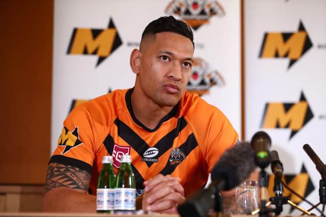 Israel Folau speaks to the media during a press conference at the Hilton Hotel on May 21, 2021 in Brisbane, Australia.