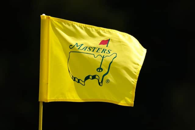 pin flag is displayed during a practice round prior to the Masters at Augusta National Golf Club on April 07, 2021 in Augusta, Georgia.