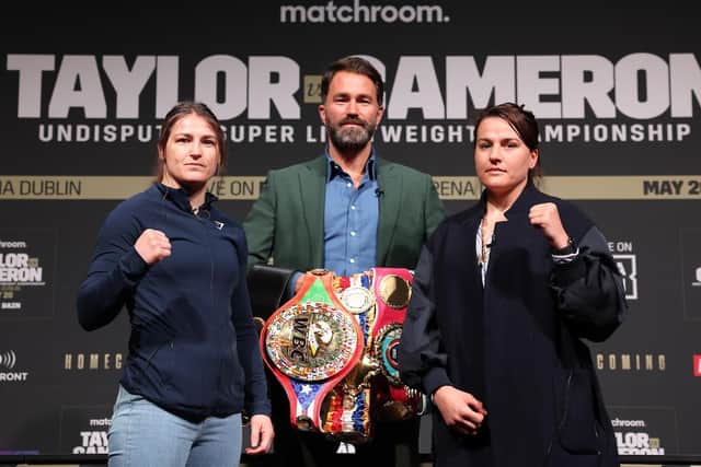 Eddie Hearn with Chantelle Cameron (right) and Katie Taylor (picture by Mark Robinson Matchroom Boxing)