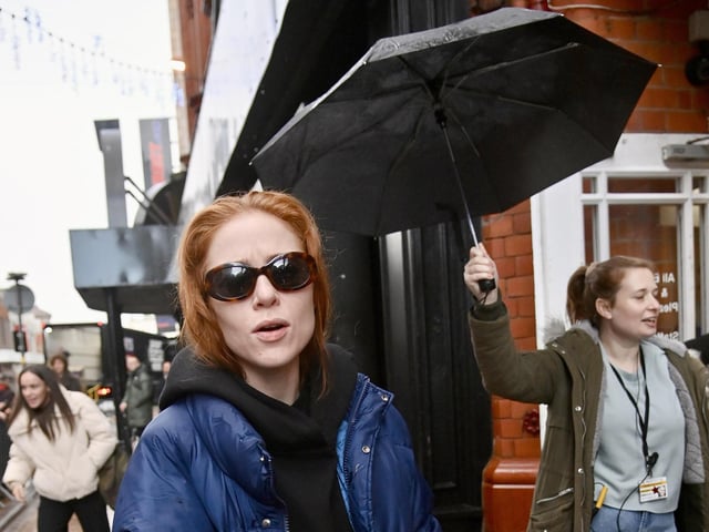 Angela Scanlon in the heavy rain.