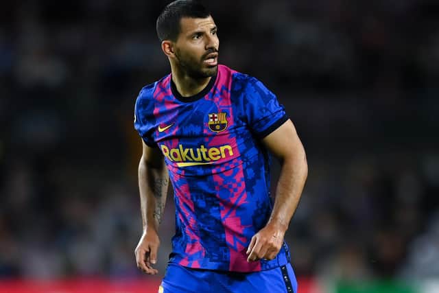 BARCELONA, SPAIN - OCTOBER 20: Sergio Aguero of FC Barcelona looks on during the UEFA Champions League group E match between FC Barcelona and Dinamo Kiev at Camp Nou on October 20, 2021 in Barcelona, Spain. (Photo by David Ramos/Getty Images)