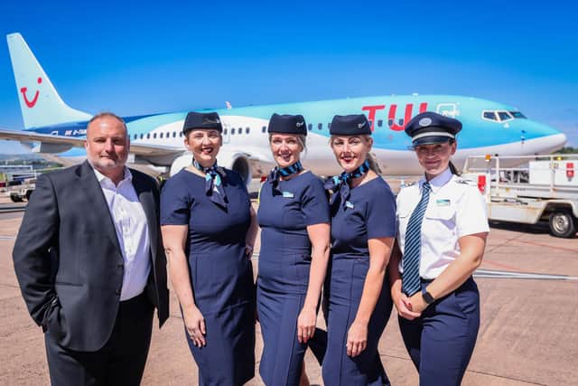 Managing Director of Exeter Airport Stephen Wiltshire and TUI crew welcome second aircraft at Exeter Airport