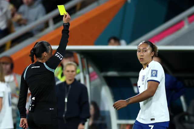 England's Lauren James (right) is shown a yellow card before her red card by referee Melissa Borjas in the Round of 16 match against Nigeria at Brisbane Stadium. Picture: Isabel Infantes/PA