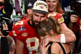 US singer-songwriter Taylor Swift and Kansas City Chiefs' tight end Travis Kelce embrace after the Chiefs won Super Bowl LVIII. (Picture: Patrick T. Fallon/AFP via Getty Images)