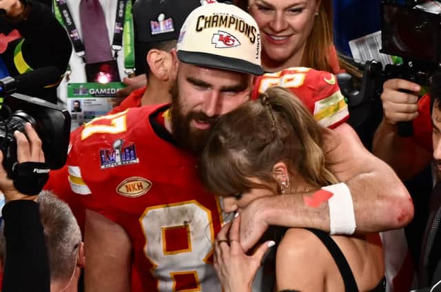 US singer-songwriter Taylor Swift and Kansas City Chiefs' tight end Travis Kelce embrace after the Chiefs won Super Bowl LVIII. (Picture: Patrick T. Fallon/AFP via Getty Images)