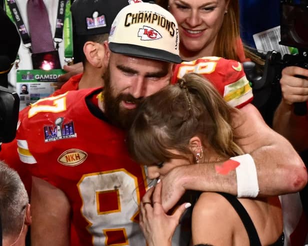 Sideline show: US singer-songwriter Taylor Swift and Kansas City Chiefs' tight end #87 Travis Kelce embrace after the Chiefs won Super Bowl LVIII against the San Francisco 49ers (Picture: PATRICK T. FALLON/AFP via Getty Images)