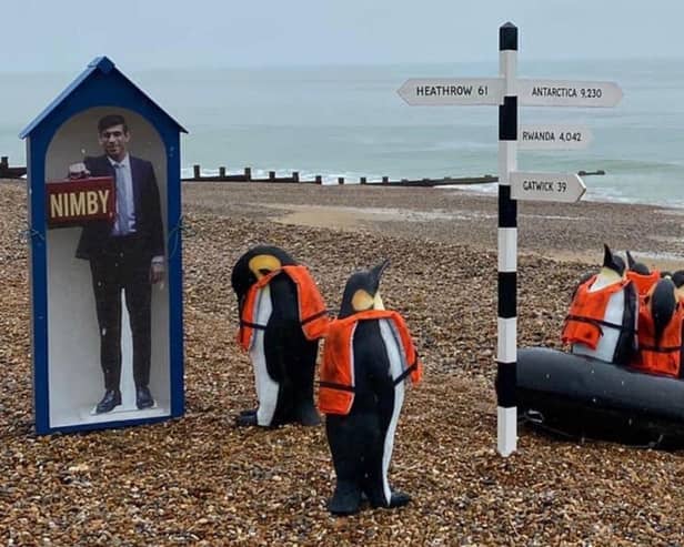 Prime Minister Rishi Sunak and the political penguins have appeared on Hastings beach