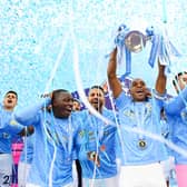 Fernandinho lifts the Premier League trophy as Manchester City are crowned champions for the 2020/21 season. (Photo by Michael Regan/Getty Images)