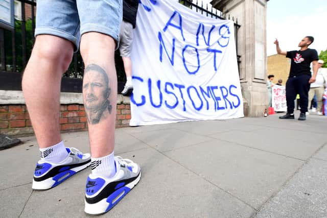 Fans protest against Chelsea's involvement in the European Super League outside Stamford Bridge, London, on Tuesday 20 April 2021. (Pic: PA)