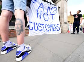 Fans protest against Chelsea's involvement in the European Super League outside Stamford Bridge, London, on Tuesday 20 April 2021. (Pic: PA)