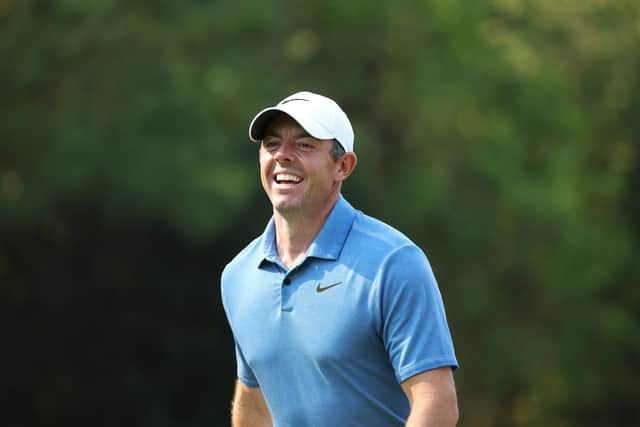 AUGUSTA, GEORGIA - APRIL 05: Rory McIlroy of Northern Ireland laughs as he walks to the 11th tee during a practice round prior to the 2023 Masters Tournament at Augusta National Golf Club on April 05, 2023 in Augusta, Georgia. (Photo by Patrick Smith/Getty Images)