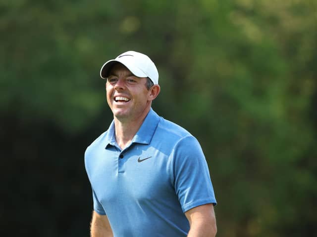 AUGUSTA, GEORGIA - APRIL 05: Rory McIlroy of Northern Ireland laughs as he walks to the 11th tee during a practice round prior to the 2023 Masters Tournament at Augusta National Golf Club on April 05, 2023 in Augusta, Georgia. (Photo by Patrick Smith/Getty Images)