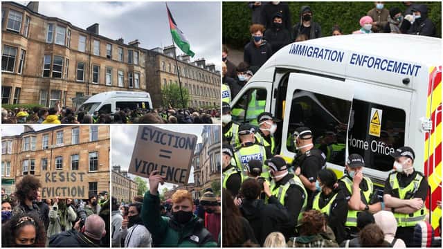 Protesters gather on Kenmure Street in Glasgow to demonstrate against the immigration raid that took place this morning (PA Media/NationalWorld)