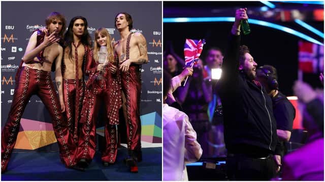 Maneskin celebrate their win while James Newman reacts to receiving zero points (Getty Images)