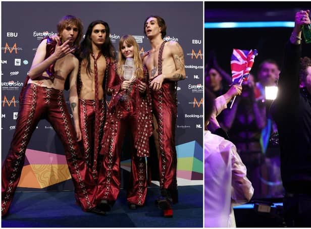 Maneskin celebrate their win while James Newman reacts to receiving zero points (Getty Images)