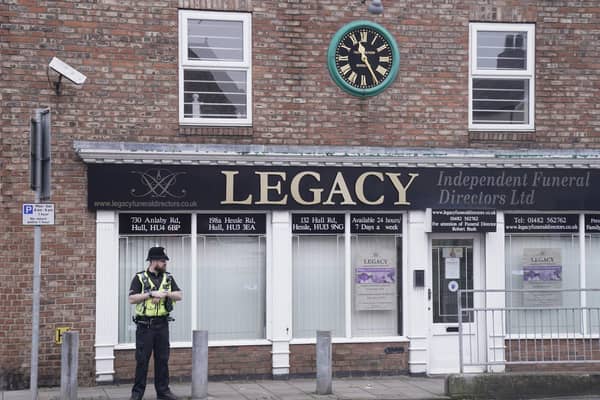 Police outside the Beckside branch of Legacy Independent Funeral Directors in Hull after after reports of "concern for care of the deceased". Picture: Danny Lawson/PA Wire