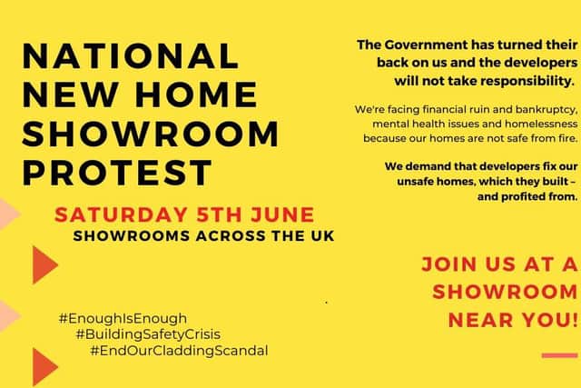 Leaseholders will go on a series of show room protests next weekend, on Saturday 5 June (Photo: End Our Cladding Scandal)
