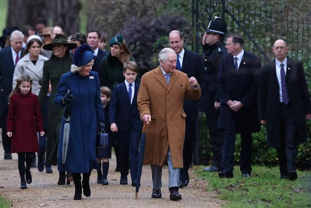 Camilla, Queen Consort and King Charles III attend the Christmas Day service at St Mary Magdalene Church on December 25, 2022. (Photo by Stephen Pond/Getty Images)