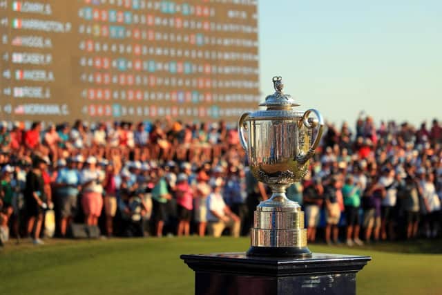 The Wanamaker Trophy is seen near the 18th green during the final round of the 2021 PGA Championship.