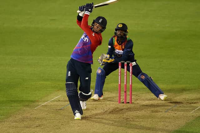 Sam Curran hits the winning runs for England in the second T20 cricket match with Sri Lanka. (Pic: Getty)