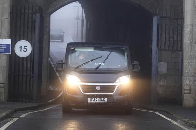 A prison vehicle leaves HMP The Verne on Portland, Dorset, from where paedophile pop star Gary Glitter was released earlier today after serving half of his 16-year sentence for sex crimes.